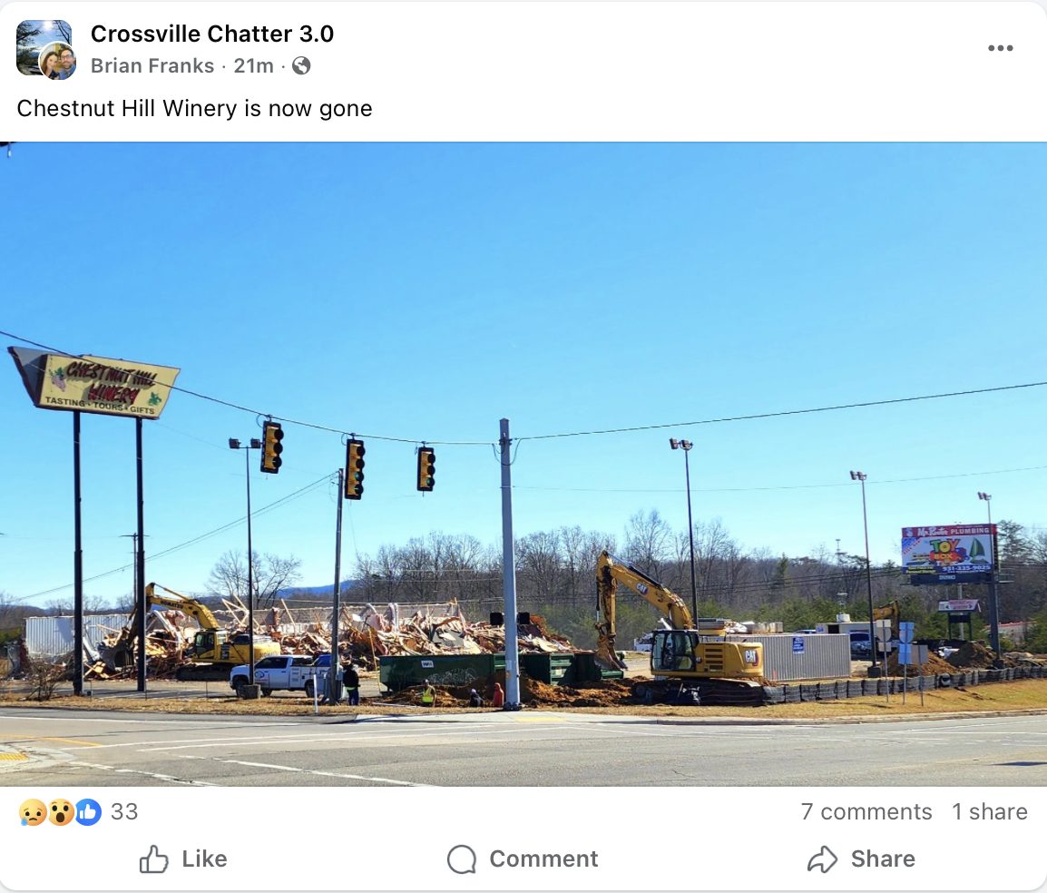 Screenshot of Chestnut Hill Winery Demolition Facebook Post